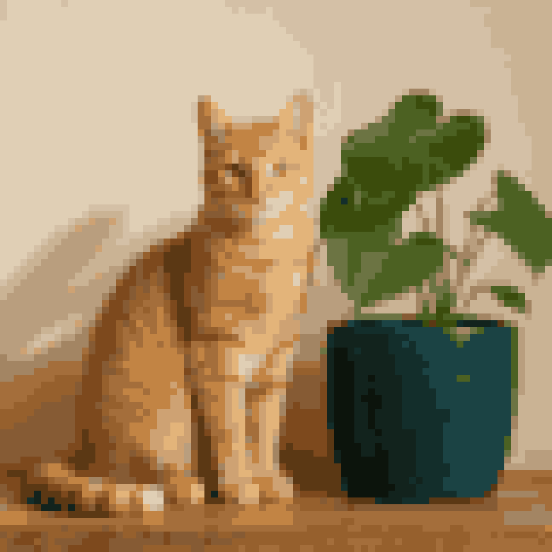Orange tabby cat and teal planter after conversion into pixel art