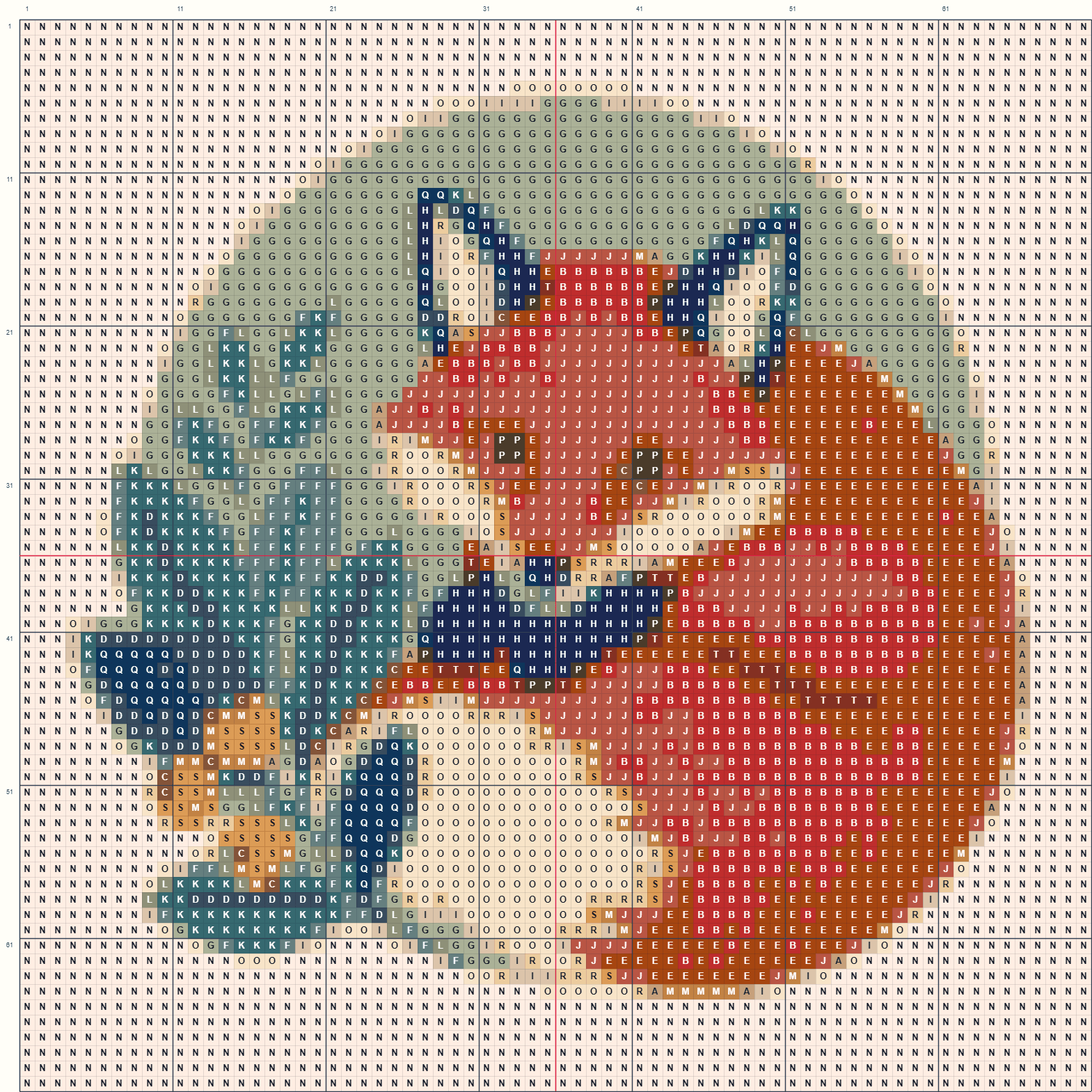 Red fox illustration converted into a DMC reference color and symbol cross stitch chart