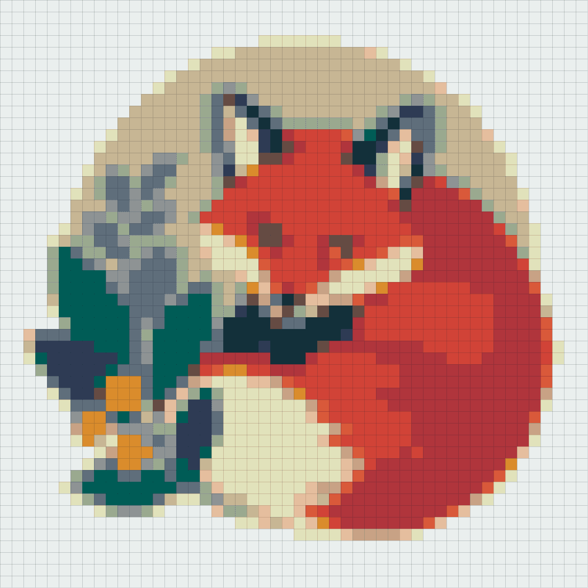 Curled red fox converted into a square fuse bead pattern grid